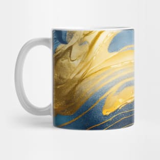 Fluid art gold with blue and red paint. Mug